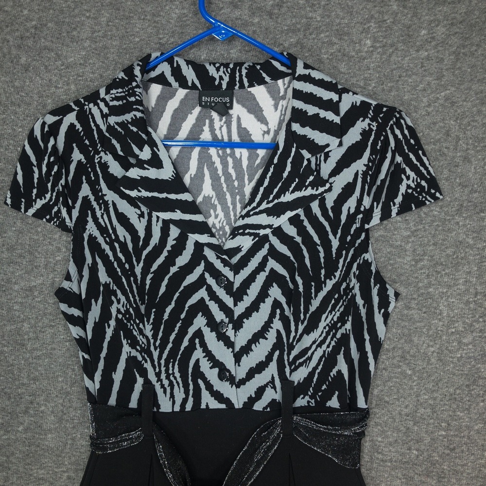 Y2K En Focus Studio Dress Zebra Print Belted Black Knee Length Womens Size 8 - Picture 2 of 7